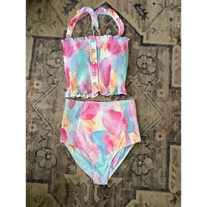 RAD Swim Bikini Set L Top S Bottom Smocked High Waist Pastel Watercolor